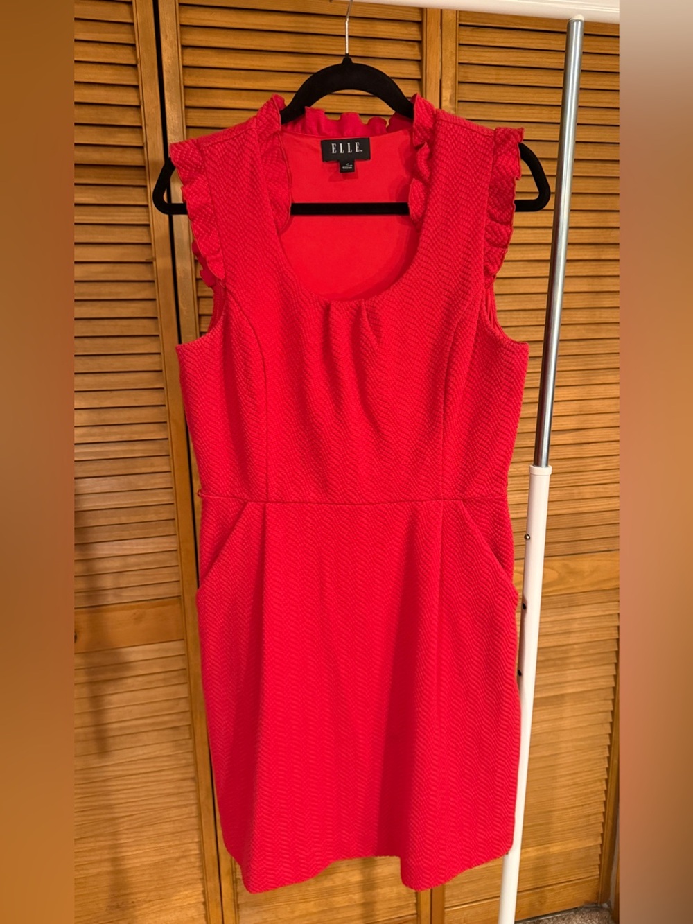 ELLE Bright Red Ruffled Sleeve Midi Dress with Pockets